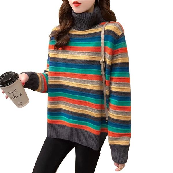 

women's sweaters korean autumn women's knitted shirt half turtleneck swedish long sleeve multicolored striped sweater 68509 lu2208, White;black