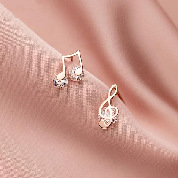 

music note earrings 925 sterling silver zirconia asymmetric stud korean fine jewelry daughter girl kids gift, Golden;silver