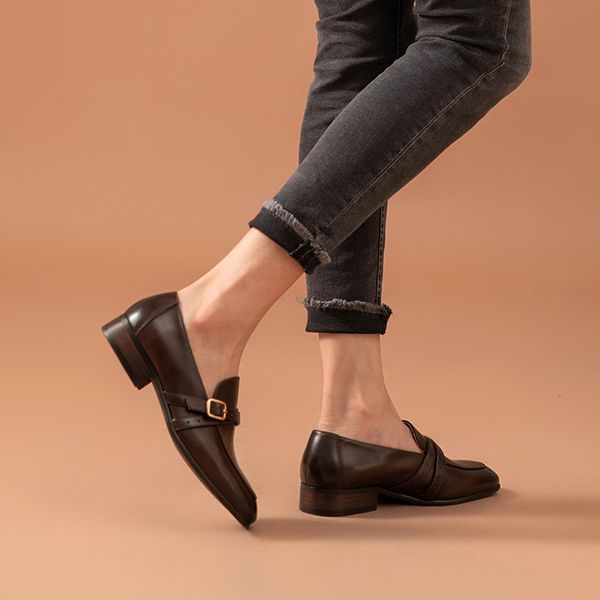 

dress shoes loafers genuine cow leather square toe belt buckle design fashion slip on flats shoes for women handmade 27292, Black