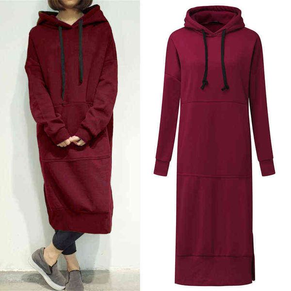 2021 Autunno Solido Felpa Vestito ZANZEA Inverno Pullover Con Cappuccio da Donna Manica Lunga Split In Pile Partito Lungo Vestido G1214