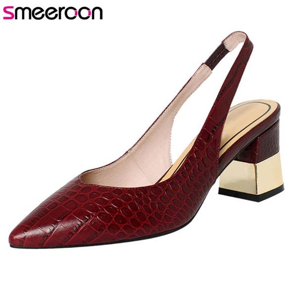 

smeeroon 2021 genuine leather shoes women pumps slingback pointed toe classic office dress ladies thick high heels, Black