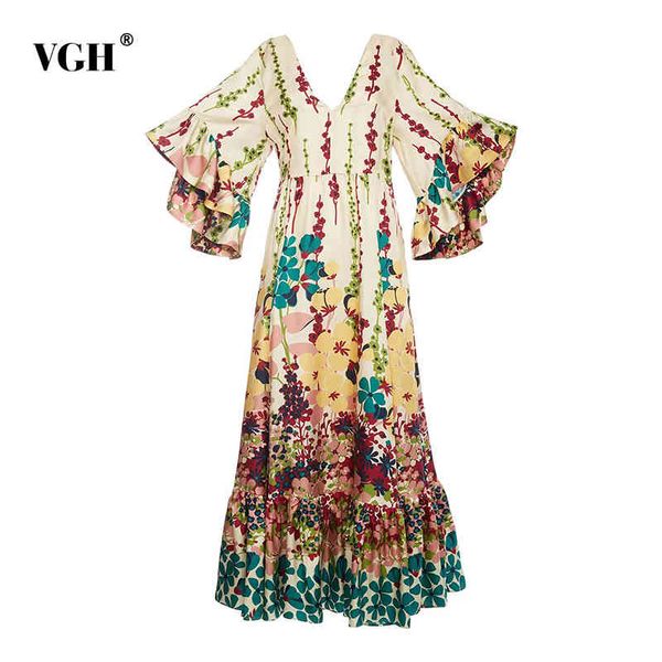 

vgh chiffon print dress for women v neck flare short sleeve high waist ruched slim casual dresses female summer fashion new 210421, Black;gray