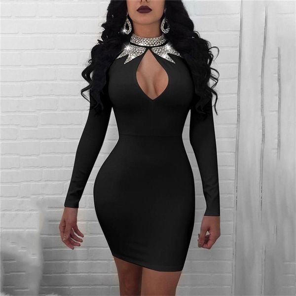 

women dress spring autumn halter sequined long sleeve party low-cut chest patchwork slim mini sheath clubwear 210522, Black;gray