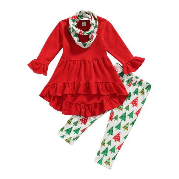 

clothing sets toddler baby girls christmas outfit long sleeve ruffle dress legging pants with headband 3pcs clothes, White