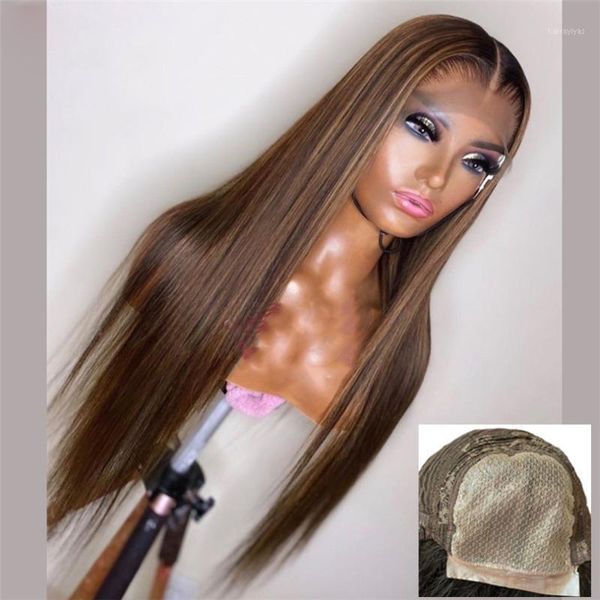

highlight straight human hair lace wigs with baby ombre long brazilian remy 5*5 pu silk base for women1, Black;brown