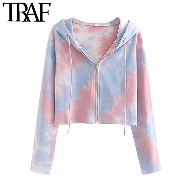 

traf women fashion tie-dye print zip-up cropped sweatshirts vintage hooded long sleeve female outerwear chic 210415, Black