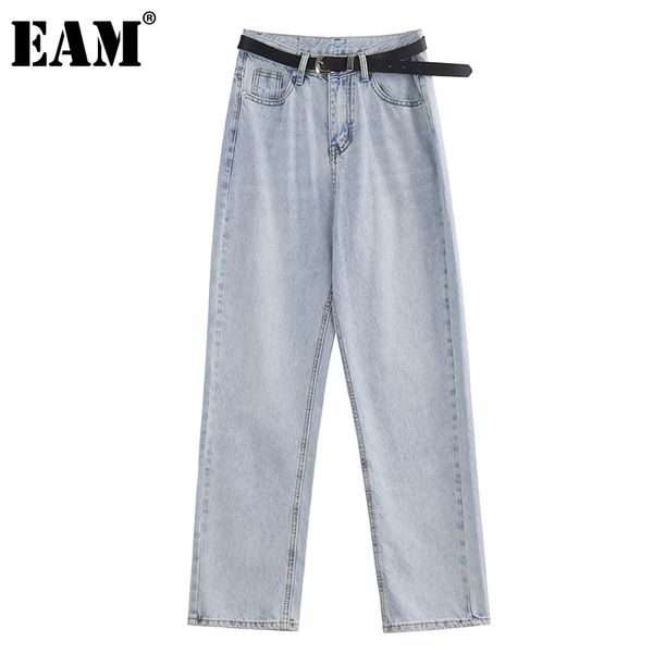 

[eam] high waist long wide leg blue denim belt casual jeans loose women trousers fashion spring autumn 1dd7859 210512