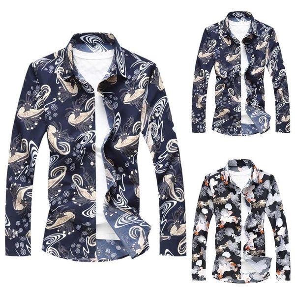 

men's casual shirts floral autumn men loose fashion spring blouses long-sleeved shirt blouse button top, White;black