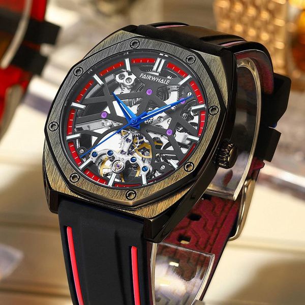 

wristwatches mark fairwhale sport men's watches mechanical double-sided hollow tourbillon silicone band watch luminous, Slivery;brown