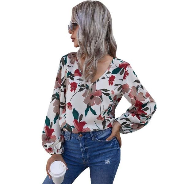 

women's blouses & shirts summer floral print lantern long sleeve blouse women casual loose elegant v neck streetwear femme, White