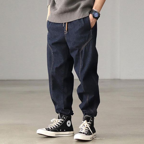 

men's jeans wide men japanese style overalls elastic band pencil pants, Blue
