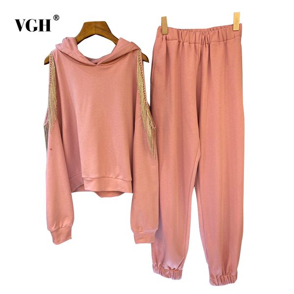 

vgh patchwork chain two piece set for women v neck off shoulder long sleeve hoodies sporting pants casual sets female new 210421, White