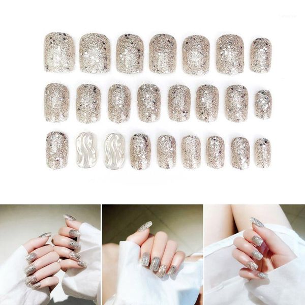 

fashion 24pcs glittering fake nails tips manicure decoration decals diy false for women ladies1, Red;gold