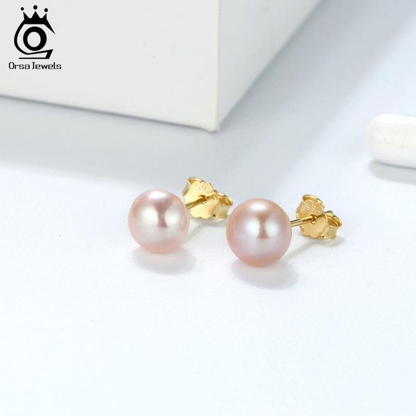 

stud orsa jewels genuine fresh water pearl earrings women 8 mm white pink pearls 925 sterling silver female party jewelry rse86, Golden;silver