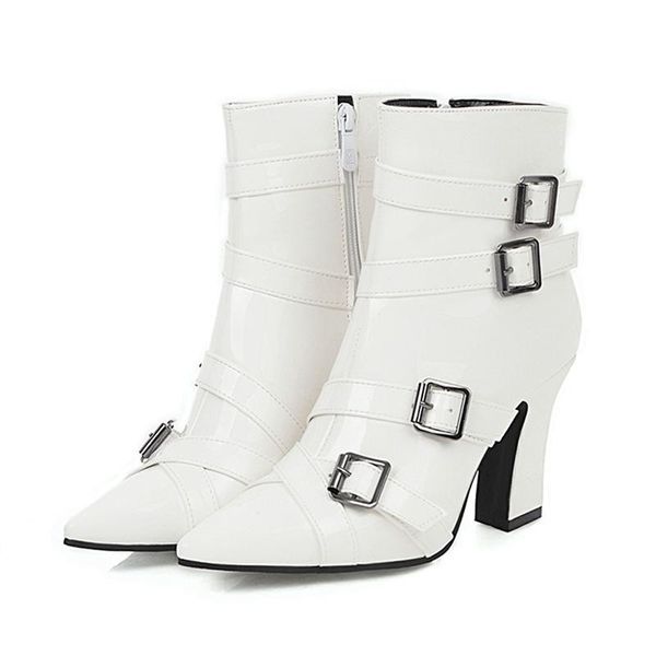 

boots fanyuan plus size 32-48 ankle women metal buckle casual winter shoes pointed toe office lady high heel, Black