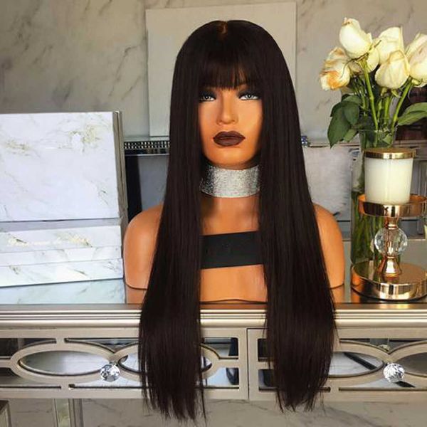 

wig qi bangs long straight hair simulation scalp chemical fiber headgear black