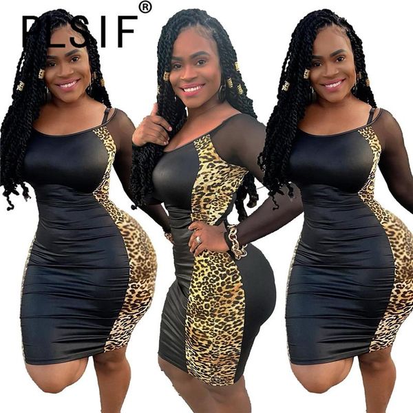 

casual dresses club dress leopard patchwork women mini female full sleeve slim bodycon vestidos, Black;gray