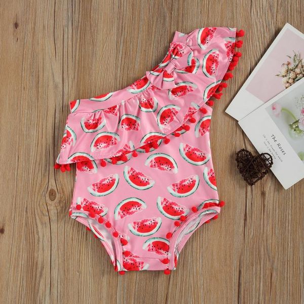 

clothing sets toddler baby girl swimsuit tassels romper watermelon / pineapple printed no-sleeve beach off shoulder clothes summer swinwear, White