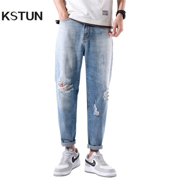 

men's jeans hip hop men loose fit harem pants light blue knee holes mens ripped baggy distressed destroyed men's clothing