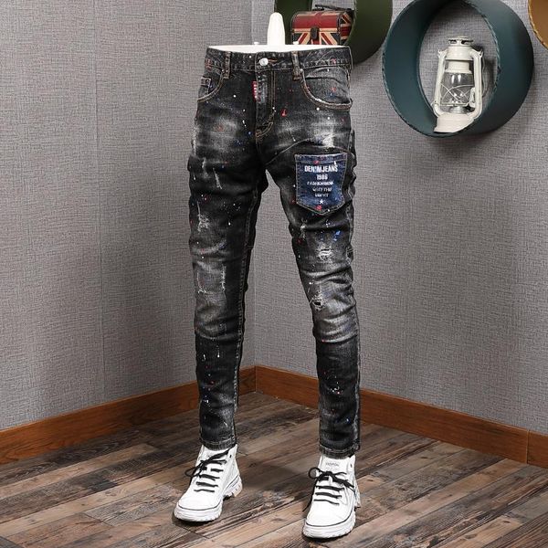 

men's jeans autumn dots printed black ripped streetwear casual slim fit pencil pants cotton denim trousers, Blue