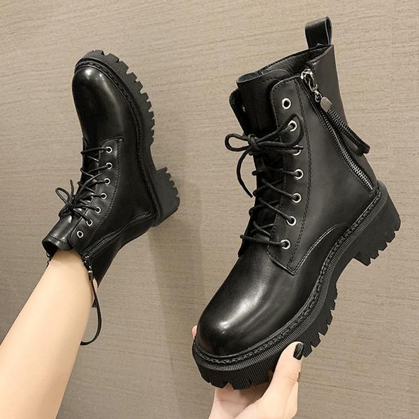 

boots rock shoes woman zipper lolita boots-women round toe ankle 2021 rubber ladies autumn summer med basic cross-tied solid fa, Black