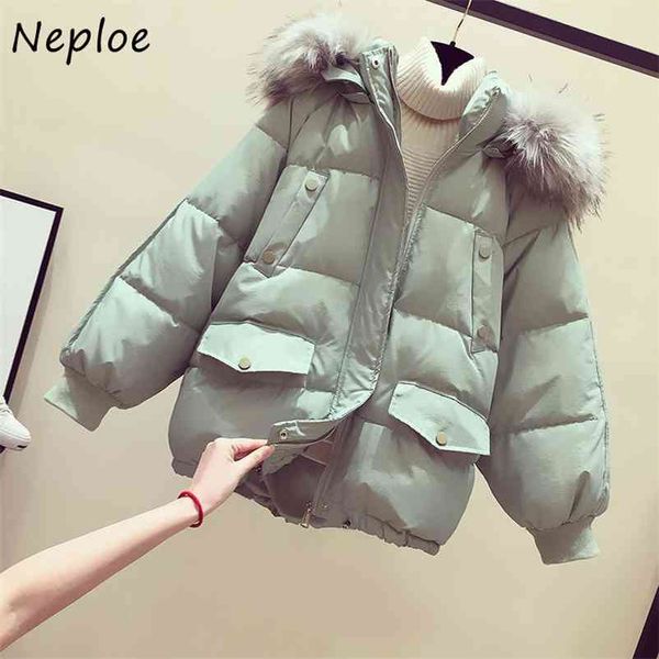 

sweet double pocket patchwork parkas women hooded fur collar femme winter jacket solid color simple all-match cotton coat 210422, Black
