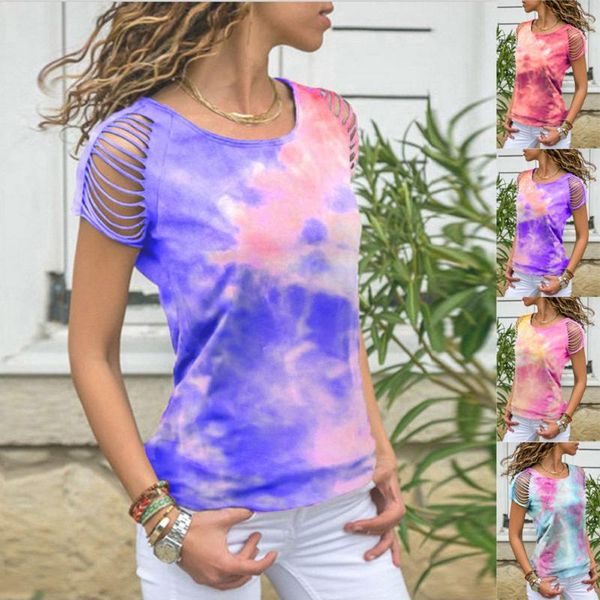 

women's t-shirt tie-dyed hole burnt flower off-shoulder short sleeve 1pcs, White