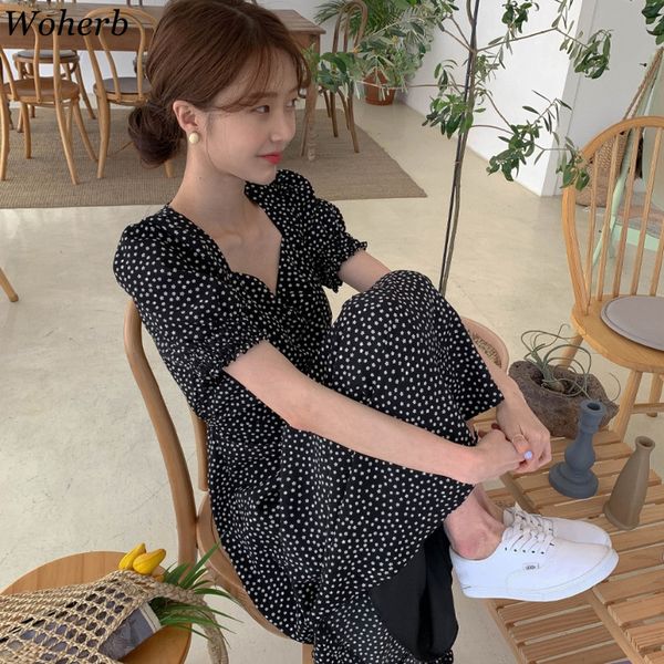 

woherb women dress korean fashion new clothes vintage square collar lace up vestidos slim fit print lantern sleeve dresses 92609, Black;gray