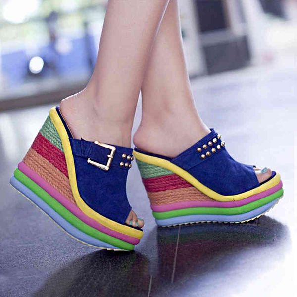 

sandals summer new platform wedge for women's with metal decoration rainbow color weave fish mouth high heels shoes uy1d, Black