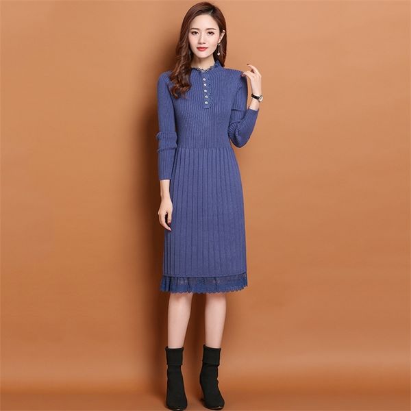 

robe pull femme hiver lady korean style lace o-neck long sleeve dresses for women casual knee-length knit dress sukienki damskie 210604, Black;gray
