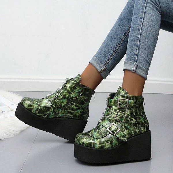 

boots litthing women winter buckle ankel punk female platform wedges high heels pu botas mujer plus size, Black