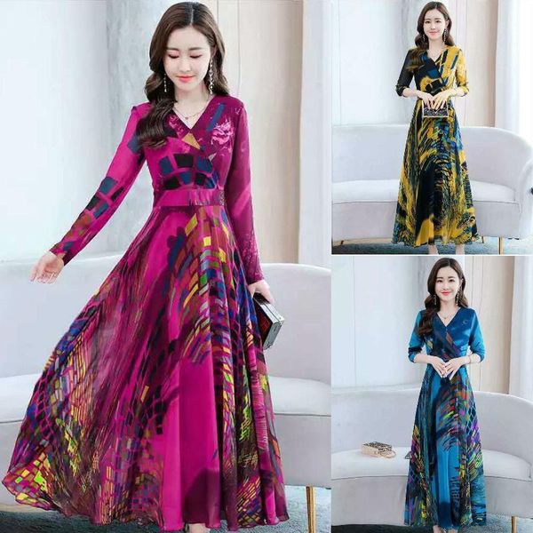 

casual dresses autumn and winter women's long-sleeved waist floral long dress over the knee young woman's skirt, Black;gray