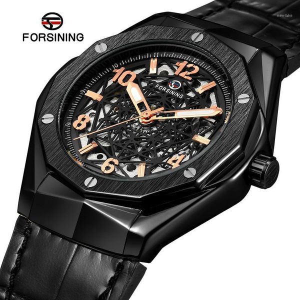 

wristwatches forsining leather business skeleton automatic mechanical for men wristwatch waterproof casual fashion male watch, Slivery;brown