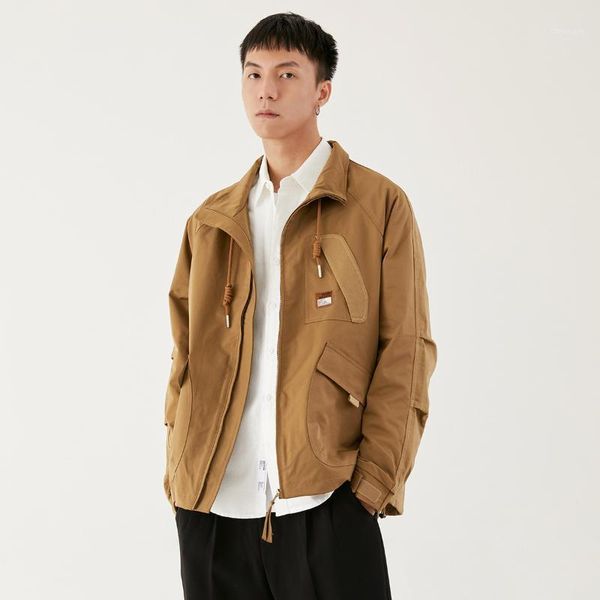 

men's jackets jk133006 fashion brand men cargo jacket windproof trendy loose casual personality stand collar patchwork drawstring male, Black;brown