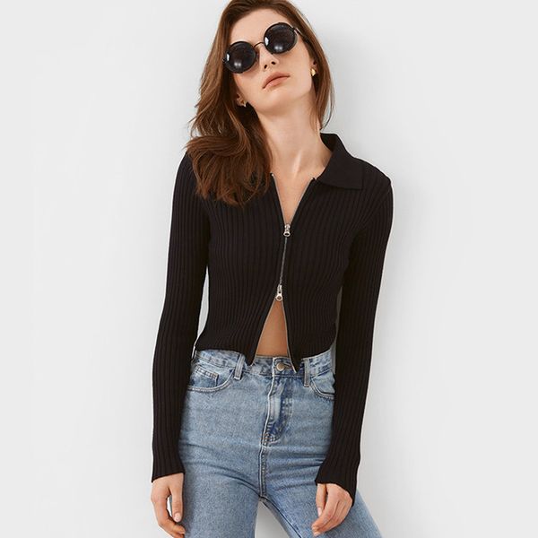 

women's jackets women knitting coat spring autumn high-stretch stripes knitted cardigan bilateral zipper show belly sweater f, Black;brown