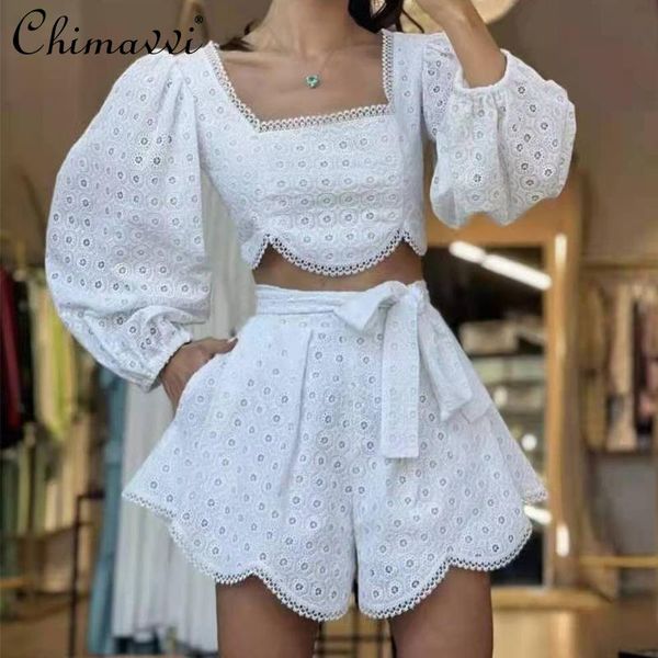 

women's tracksuits streetwear fashion summer 2021 embroidered cotton lantern sleeve shirt high waist shorts two piece set, Gray