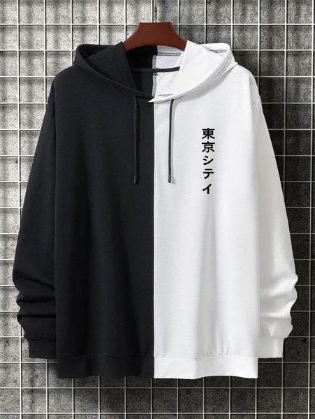 

men japanese letter graphic colorblock drawstring hoodie i1yp#, Black