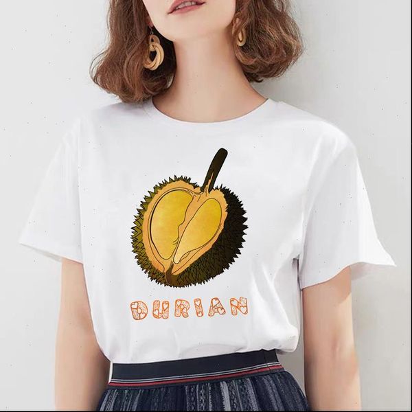 

summer funny women t shirt durian printed fruit korean style fashion o neck short sleeve casual cute top, White