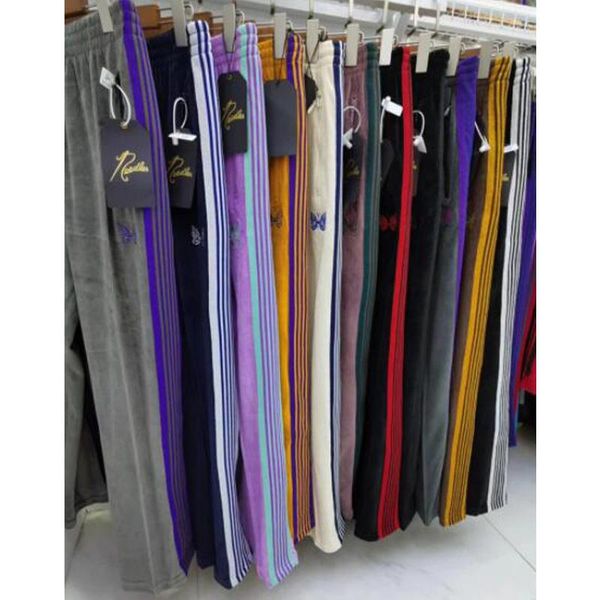 

men's pants drawstring stretch needles awge sweatpants simple butterfly embroidery men women velvet casual pocket, Black