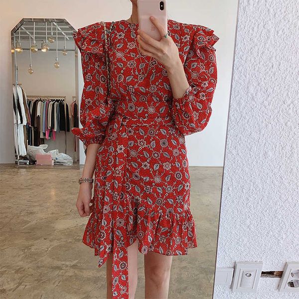 

casual dresses women autumn winter retro floral print ruffles midi crewneck long sleeve belt irregular wrap party vestidos n84a, Black;gray