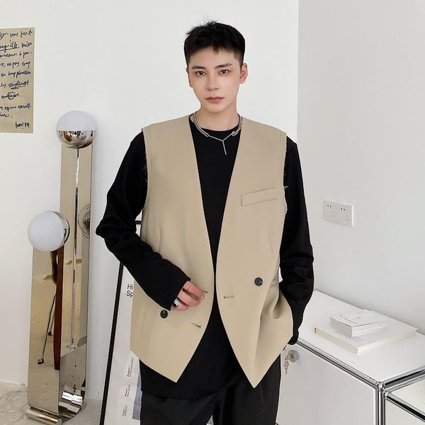 

men's vests suit vest autumn korean version simple temperament sleeveless trend versatile solid color buckle outside wear waistcoat, Black;white