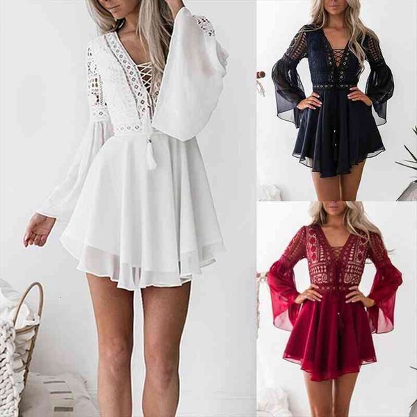 

80% sales v neck long women skirt flared sleeve crochet hollow out chiffon bandage mini dress, Black