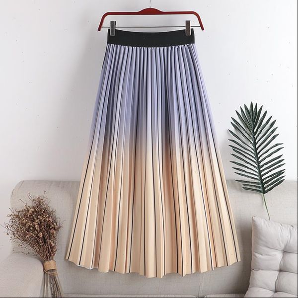 

designer autumn winter chic pleated womens skirt high waist elegant gradient rainbow stripe maxi skirts female mujer faldas saias, Black