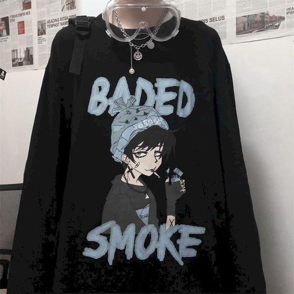 

men's t-shirts women's long-sleeved autumn dark hip-hop style ins super fire high street cartoon printing loose oversize top, White;black
