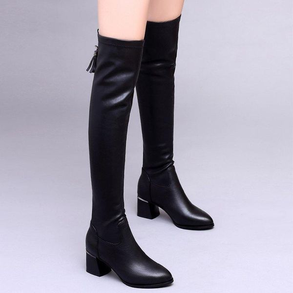 

boots 2021 style plus velvet warmth ladies over-the-knee leather european and american fringed knight women, Black