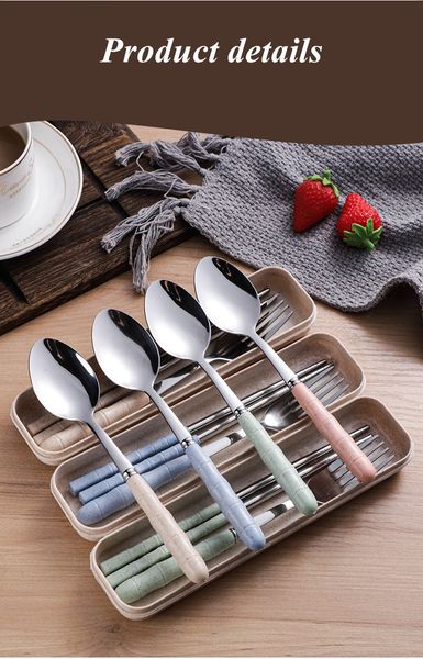 

wheat straw stainless steel portable tableware set fork spoon chopsticks three-piece set student tableware cutlery set