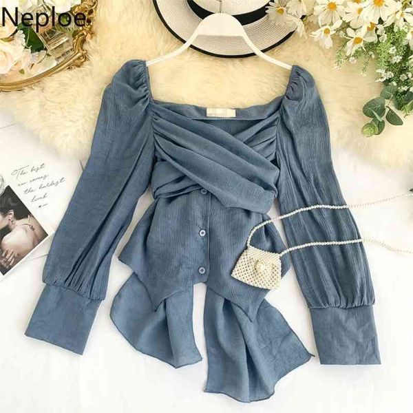 

neploe shirt female design v neck cross tie blusas slim waist irregular ins blouse women autumn spring ins slim fit new47248 210401, White