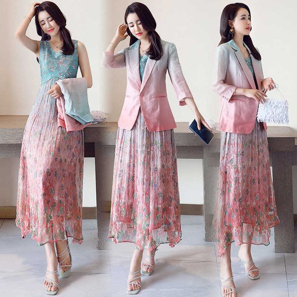 

2021 slim summer gradient floral vt skirt two piece fashion suit fairy drs trend, Black;gray