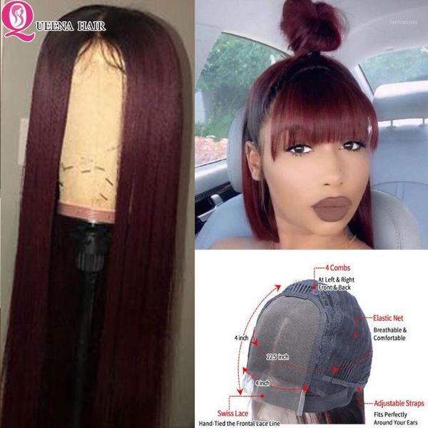 

straight closure wig ombre human hair with bang 4*4 lace remy 1b 99j burgundy brazilian wigs for black women 1801, Black;brown