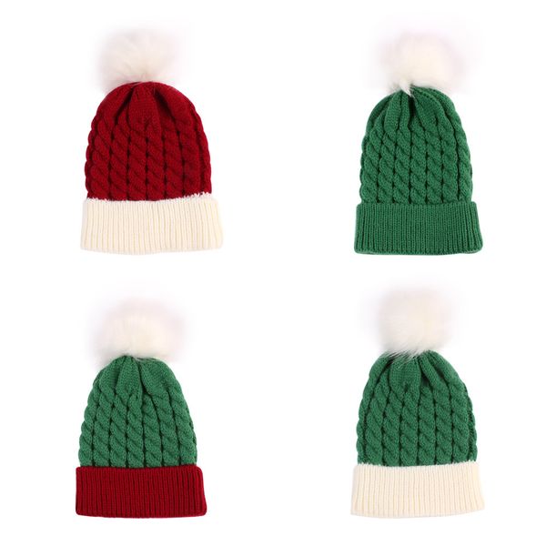 

toddler baby christmas beanie cap color block winter warm fur pompom crochet knitted hat for boys girls red green, Blue;gray